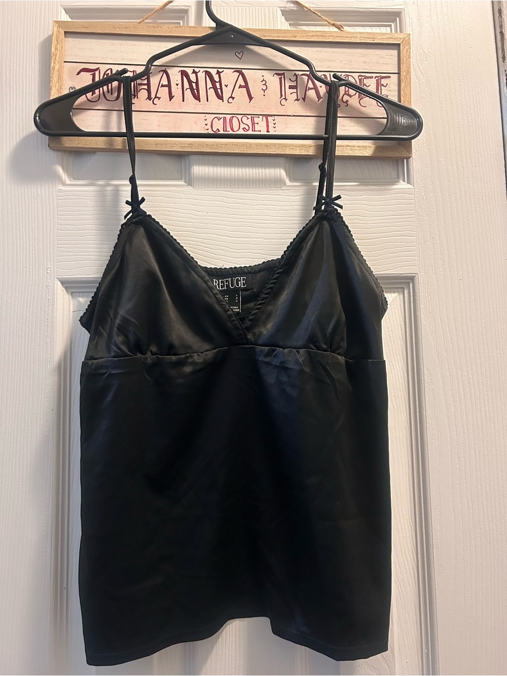 refuge Black Satin V-Neck Camisole with Spaghetti Straps